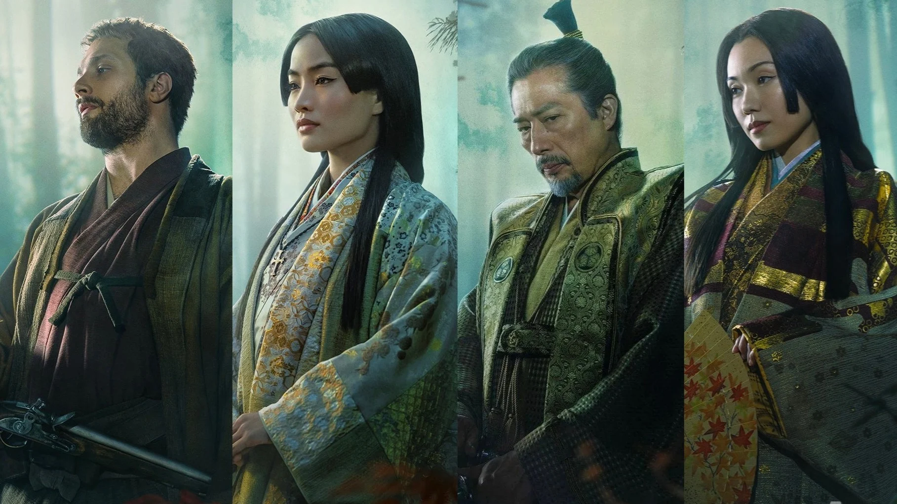 Four main characters and actors in the Shogun TV series, John Blackthorne (Cosmo Jarvis), Toda Mariko (Anna Sawai), Yoshii Toranaga (Hiroyuki Sanada), and Lady Ochiba (Fumi Nikaido)